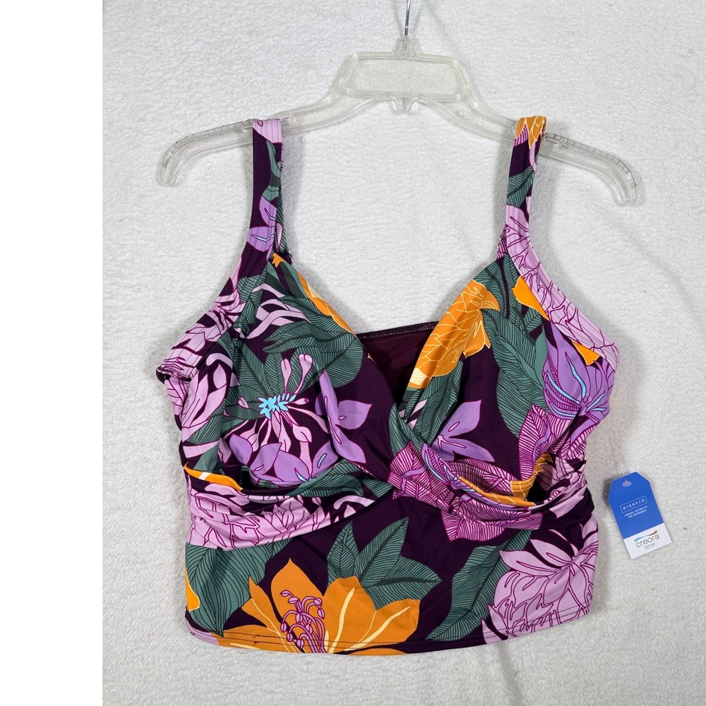Lands End Womens‎ Purple Tropical Floral Twist Front Tankini Top Swimsuit 16 NEW